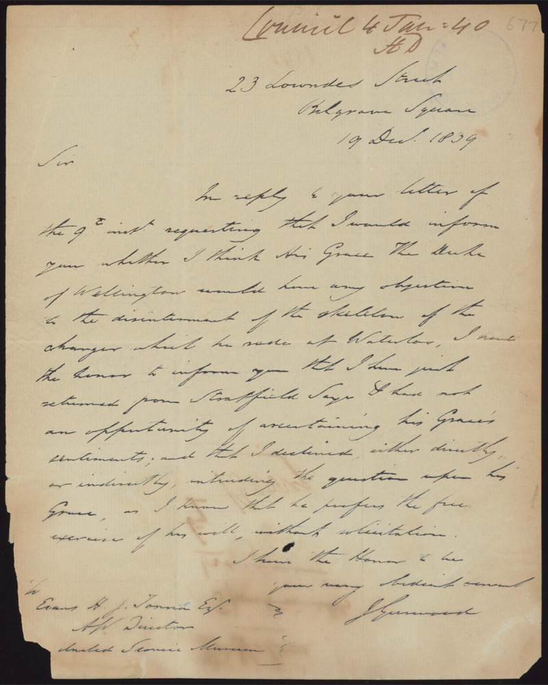 Letter from Colonel Gurwood to Royal United Services Council, 1839