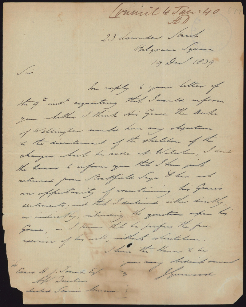 Letter from Colonel Gurwood to Royal United Services Council, 1839