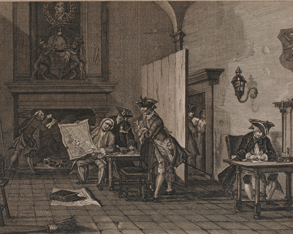 British officers study a map in their New York billet, 1776