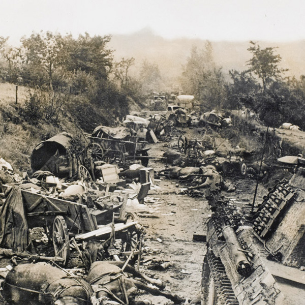 A German column destroyed by Allied aircraft during the Falaise fighting, 1944