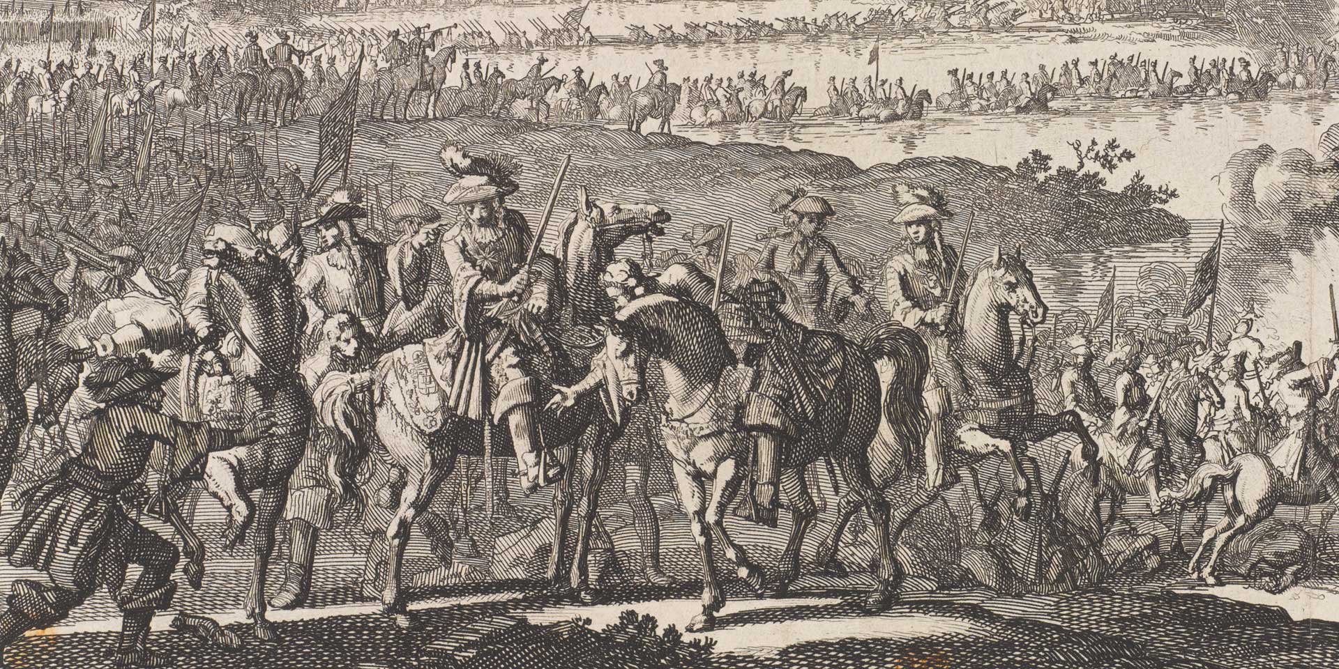 King William III wounded by a cannon ball at the Battle of the Boyne, 1690