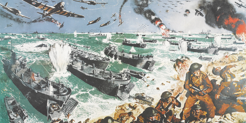 Poster depicting a British landing amid explosions in the air, at sea and on land