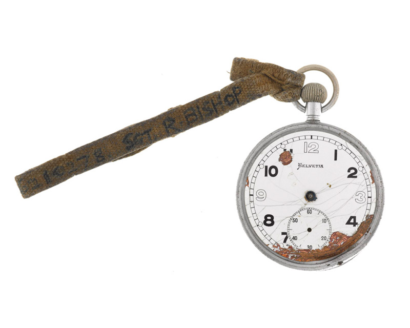 Broken Army issue fob watch belonging to Sergeant Roy Bishop, Middlesex Regiment (Duke of Cambridge's Own), 1944