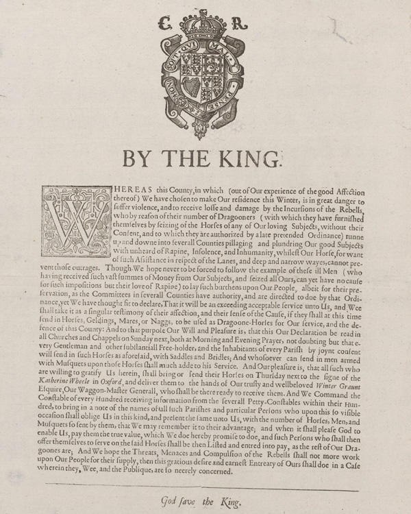 Proclamation issued at Oxford by Charles I asking his subjects to provide horses, saddles, bridles and other stores, c1642