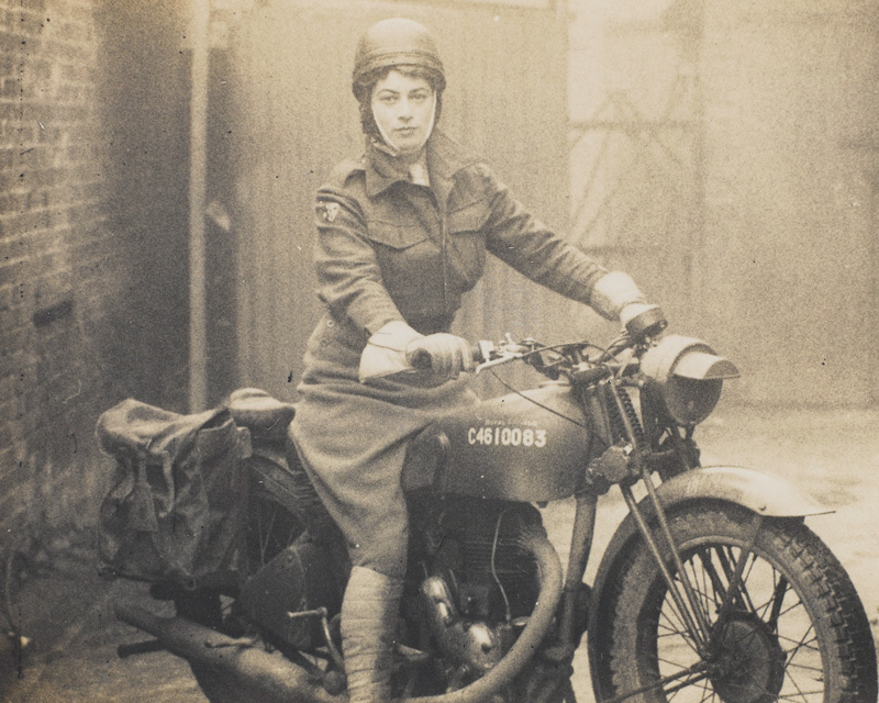 Valerie Erskine Howe, Auxiliary Territorial Service, on a motorbike, 1940s