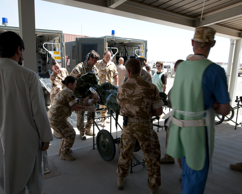 An IED casualty arrives for treatment at Camp Bastion Hospital, 2007