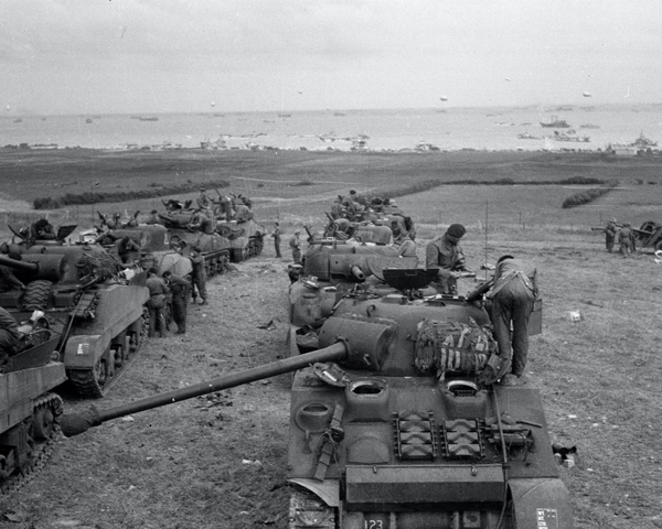 Tanks of 3rd County of London Yeomanry (Sharpshooters) in the de-waterproofing area, Normandy, June 1944