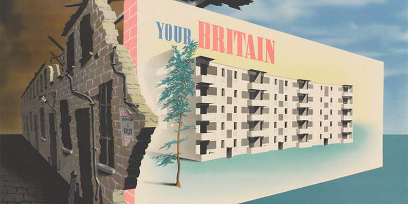 Second World War propaganda poster contrasting pre- and post-war accommodation in Britain