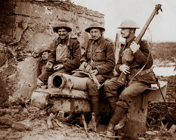 Men of 4th (Pioneer) Battalion The Coldstream Guards with a captured German gun, 9 October 1917