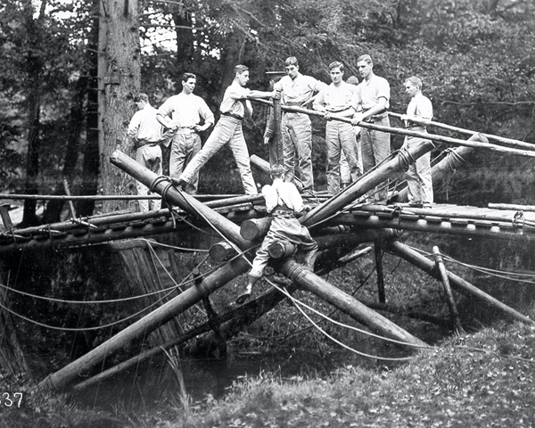 Cadets undertaking a bridge-building exercise at Sandhurst, 1911