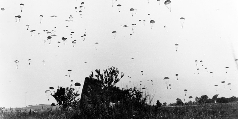 German paratroops and their equipment descend from transport aircraft, Crete, 20 May 1941