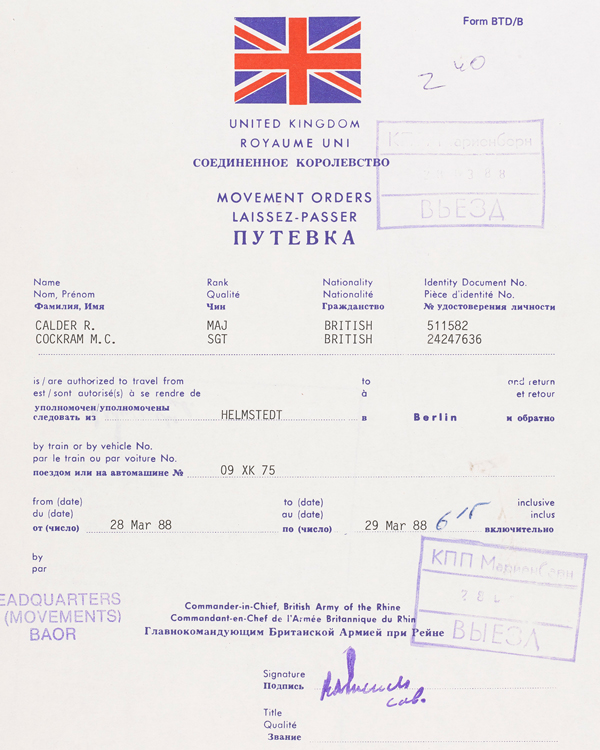 Completed movement order from a Helmstedt to Berlin Travel Pack, 28 to 29 March, 1988