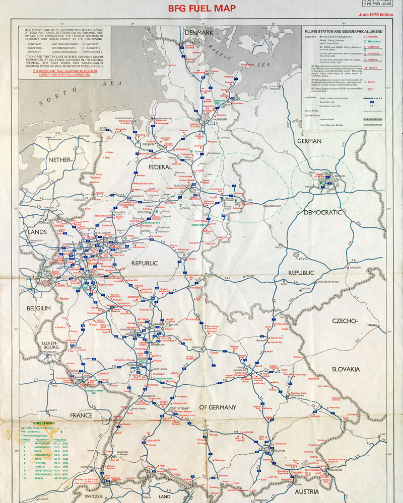 Map denoting where soldiers could find fuel stations that accepted their tax-free coupons, 1979