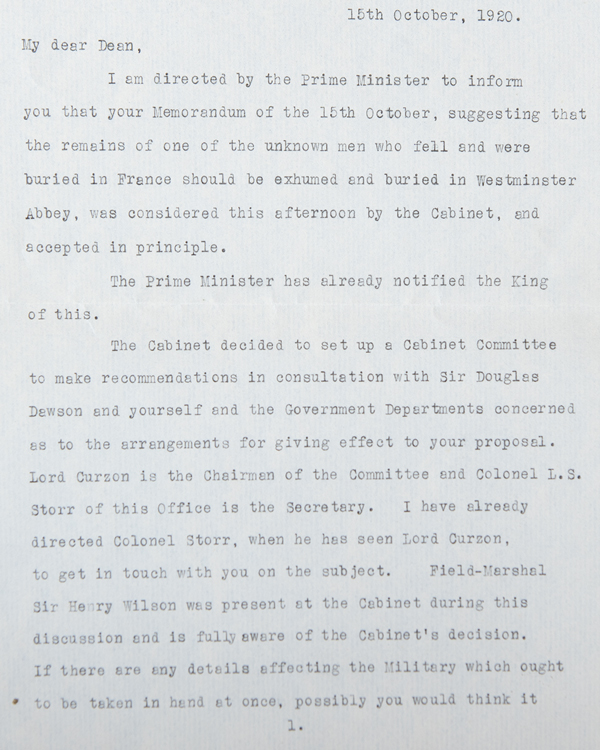 Letter from Maurice Hankey, Cabinet Secretary, to Dean Herbert Ryle, informing him that the Cabinet had approved the burial of the Unknown Warrior, 15 October 1920