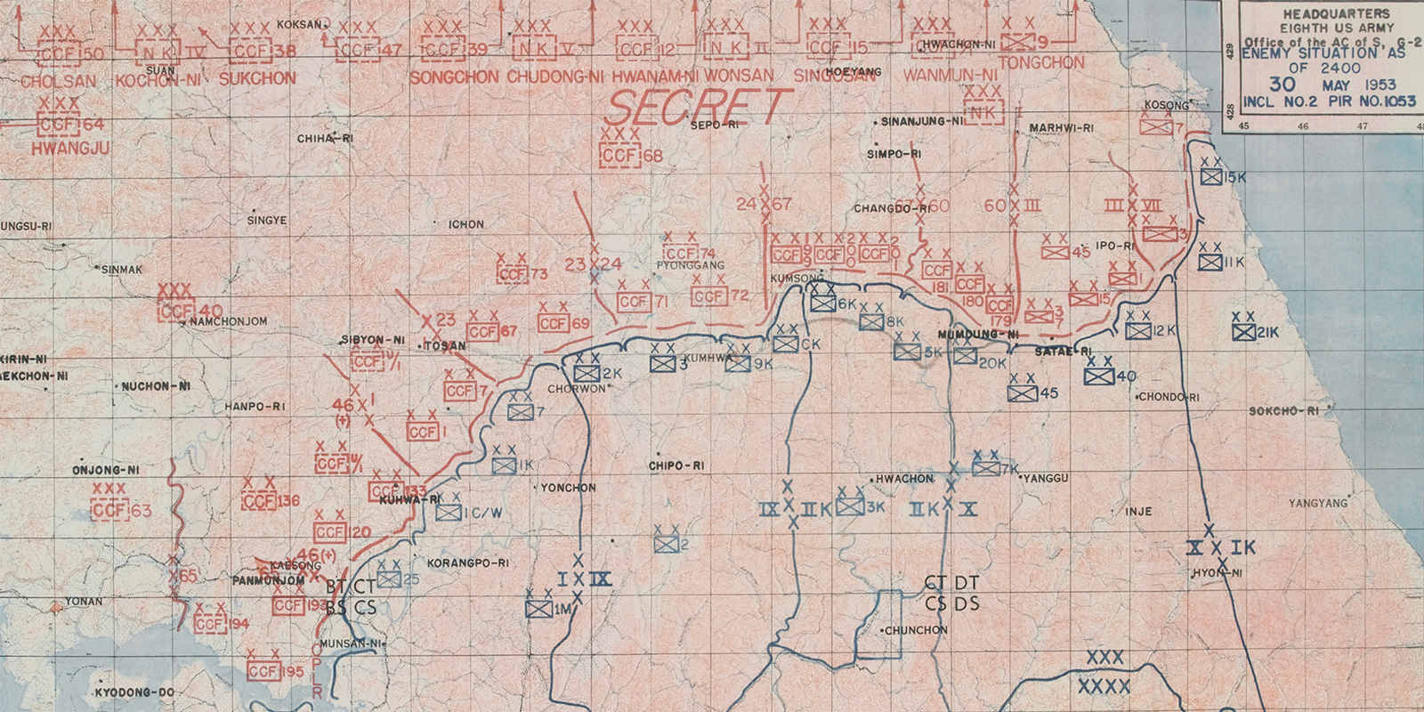 US map of Korea showing UN and enemy dispositions on 30 May 1953