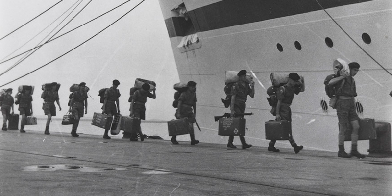 Boarding the troopship 'Nevasa' en route to Malaya, 1957
