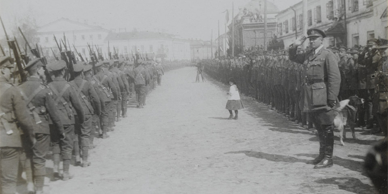 General William Ironside taking the salute during a parade in Archangel, 1919