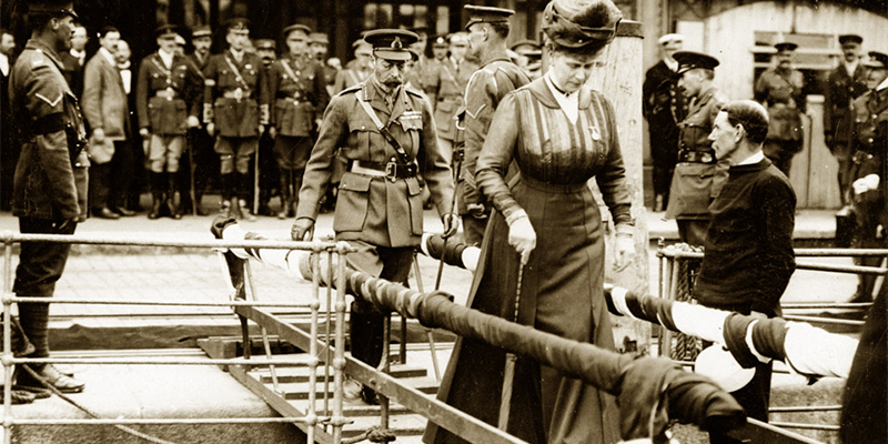 King George V and Queen Mary embark on the boat for home, c1917