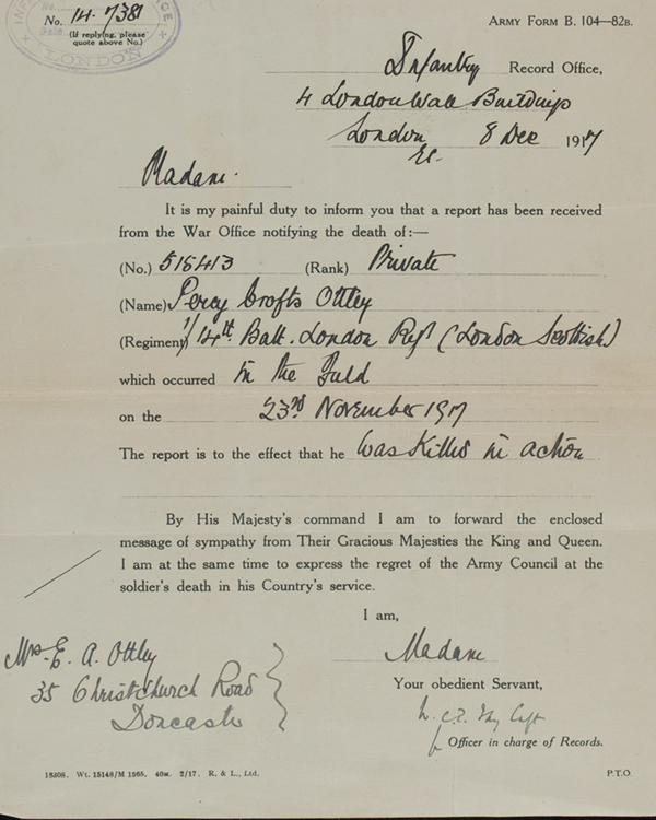 Army Form B.104 from the Infantry Record Office informing Mrs Ethel A Ottley of the death of her husband, 8 December 1917