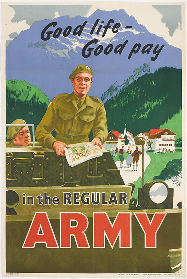 Recruiting poster featuring soldiers of the East Yorkshire Regiment in a German town, c1950