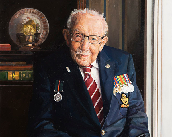 Captain Sir Tom Moore wearing the Duke of Wellington’s Regiment (West Riding) blazer and tie with Second World War medals, 2020