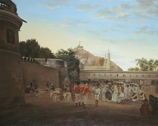 The Market Place of Trichinopoly showing officers of the Madras Light Infantry, 1800