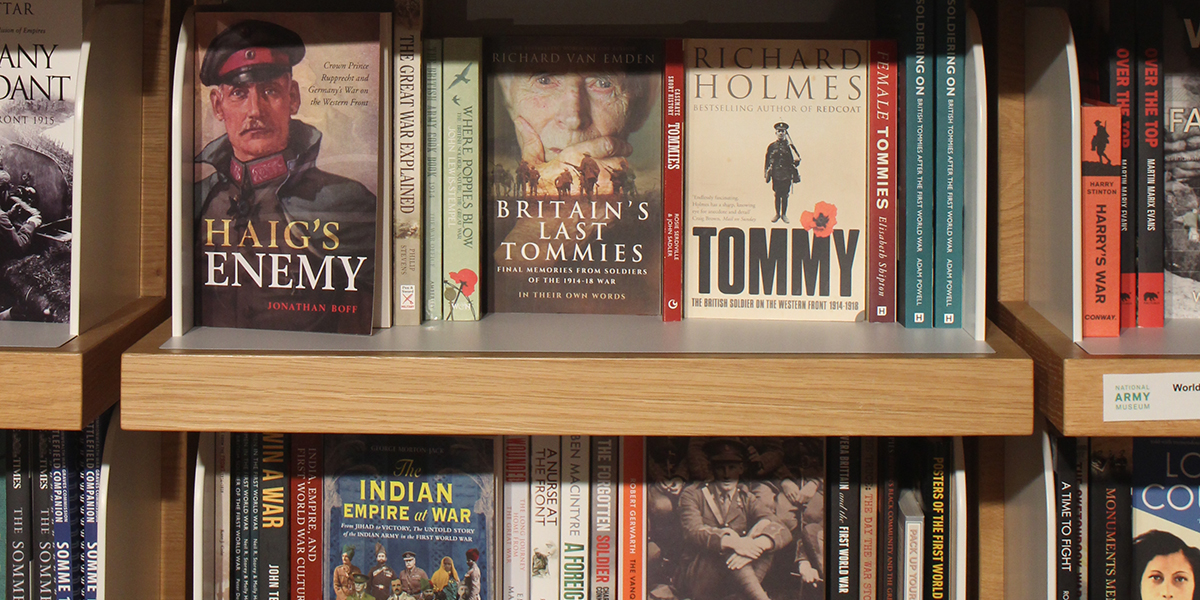 Shelves stacked with military history books