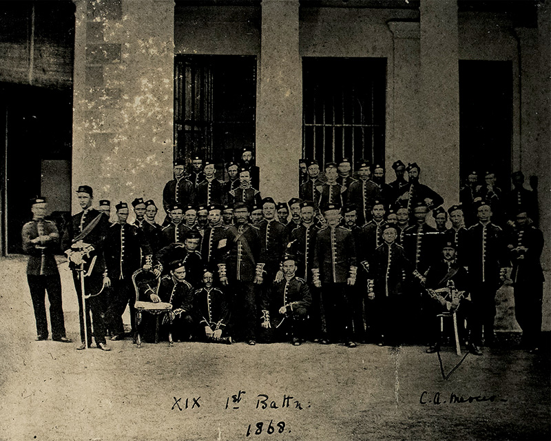 Group portrait of 1st Battalion, 19th Regiment of Foot, India, 1868