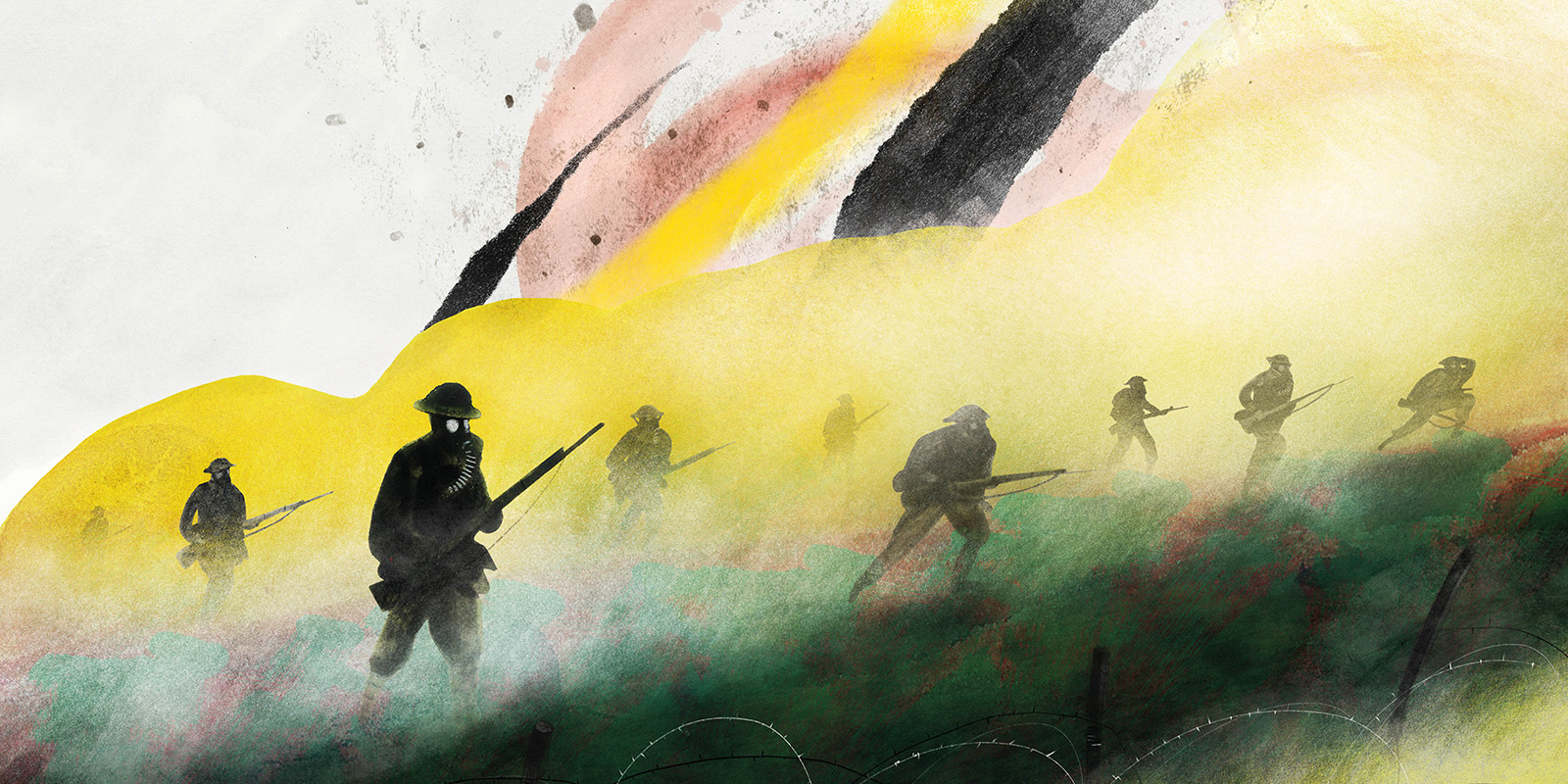 Illustration from 'We Will Remember Them' depicting soldiers on the Western Front