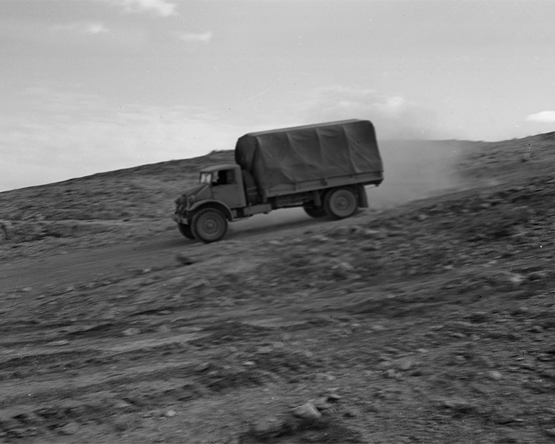 British Army truck negotiating an escarpment in the Libyan desert