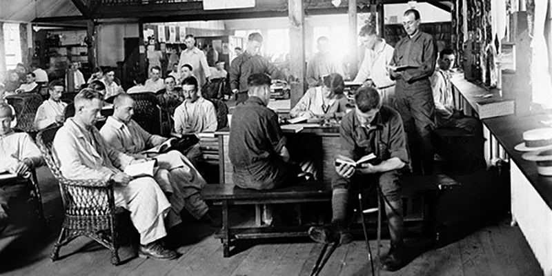 First World War soldiers convalescing in a Red Cross recreation room