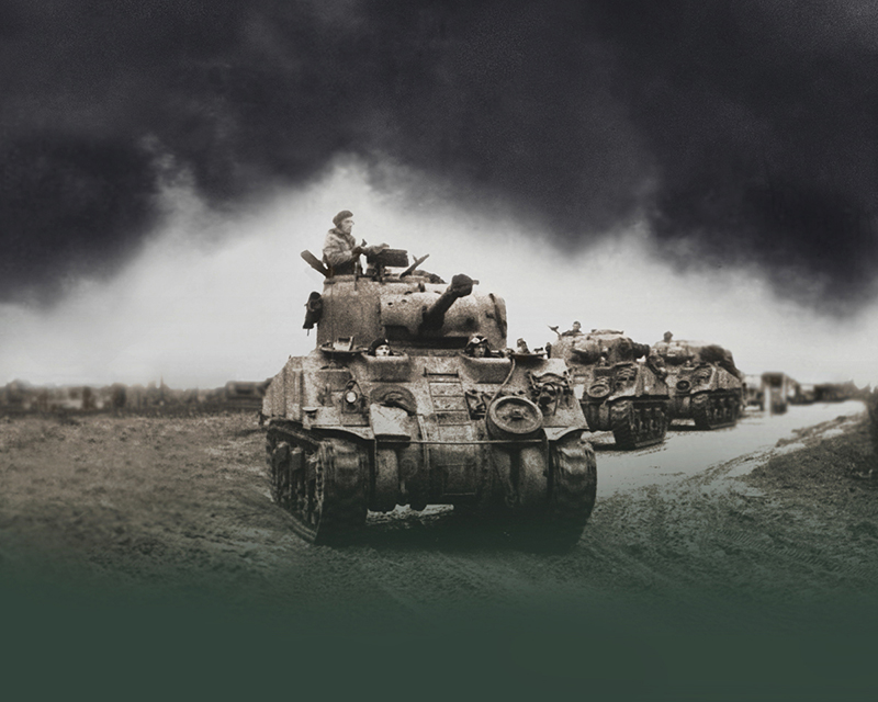 British Sherman tanks advancing from Nijmegen in the Netherlands towards the German town of Kleve, c1945