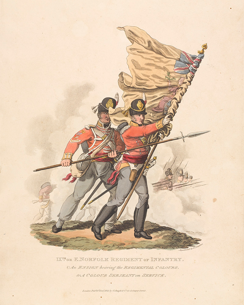 Ensign and colour sergeant of the 9th (East Norfolk) Regiment of Foot with the regimental colours, 1812