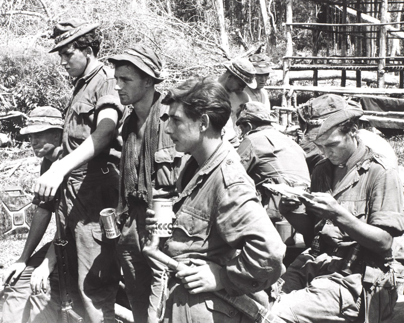 Members of the Royal Leicesters resting after the action at Long Semado, Sabah, North Borneo, 1964