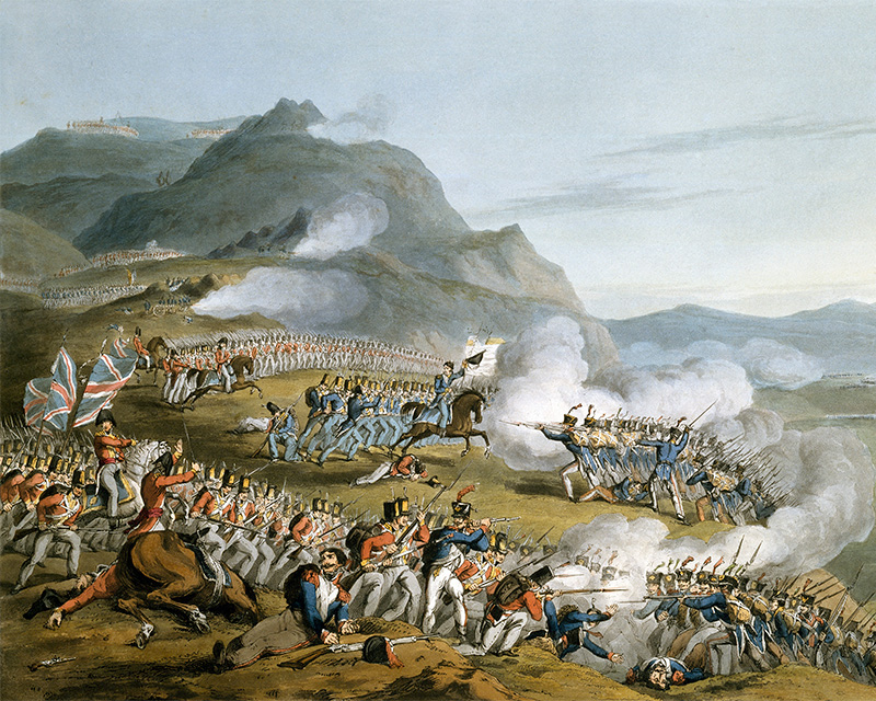 ’A View of the Sierra de Busaco at St Antonio de Cantaro, showing the attack by Marshal Reigniers upon that part of the position occupied by the 3rd Division British and Portuguese under Lt Gen Sir Thomas Picton, 27 Sept 1810. The 88th British and 8th Portuguese Regts in the act of engaging with the enemy’