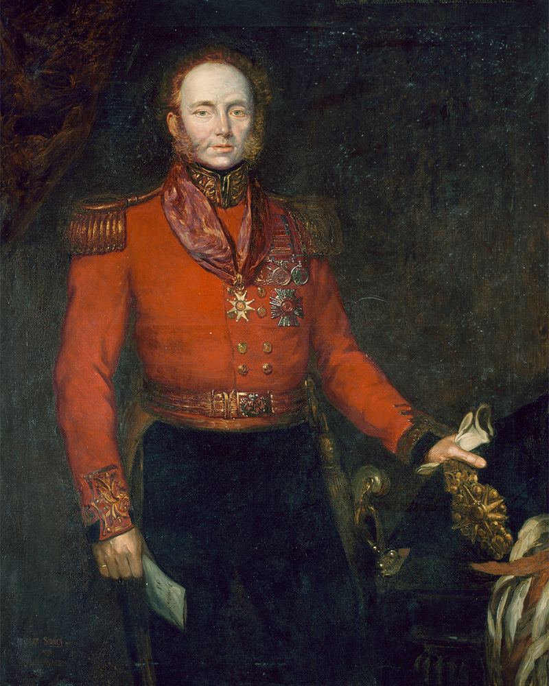Major-General Sir John Alexander Dunlop Agnew Wallace wearing the Star and neck badge of the KCB, the Army Gold Medal with clasps and the Waterloo Medal, c1835