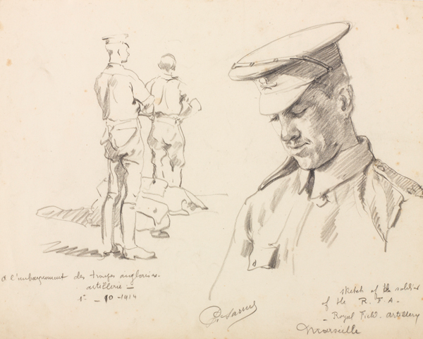 'A l'embarquement des troupes anglaise. artillerie'; 'sketch of the soldier of the R.F.A - Royal Field Artillery Marseille', 1914