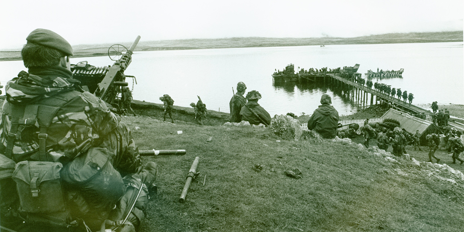 Providing gun cover for troops coming ashore, San Carlos, 1982