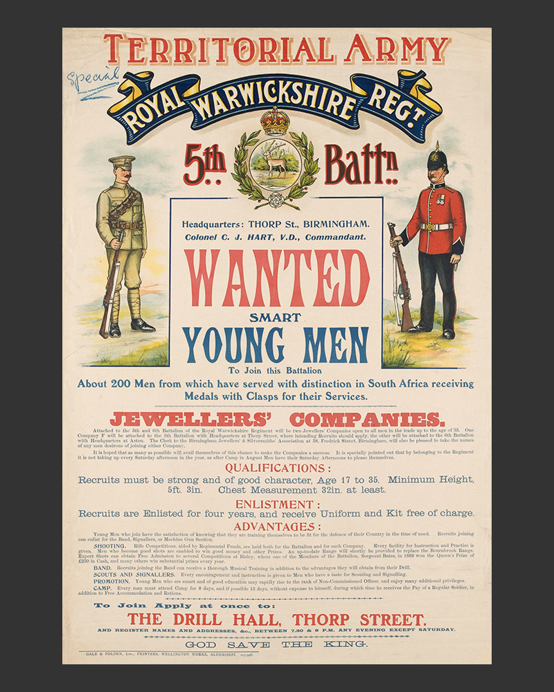 Recruiting poster, 5th Battalion, Royal Warwickshire Regiment, c1905