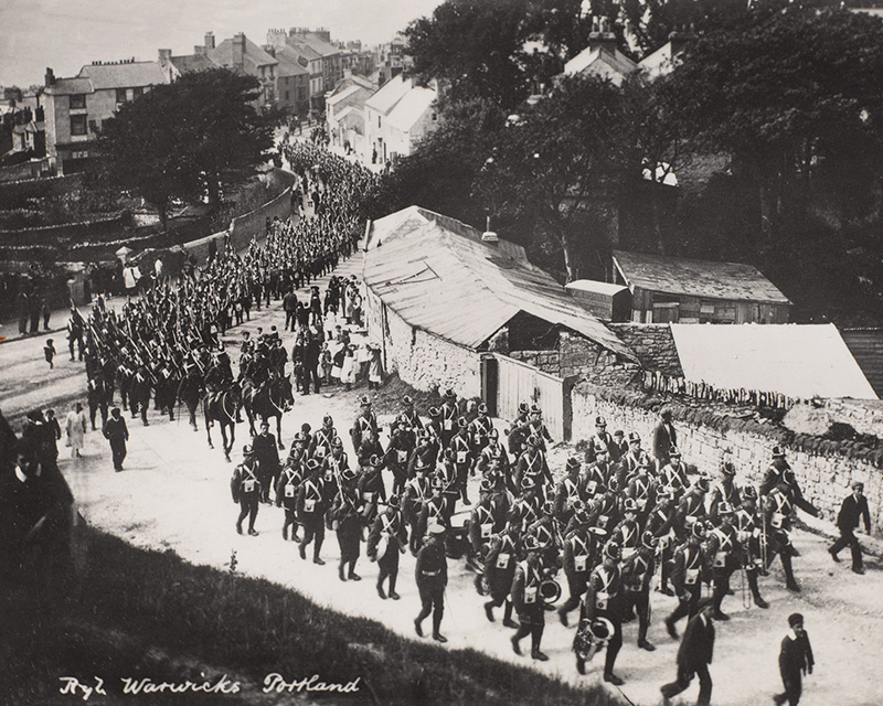 Soldiers of the Royal Warwickshire Regiment marching through Portland, Dorset, 5 August 1914