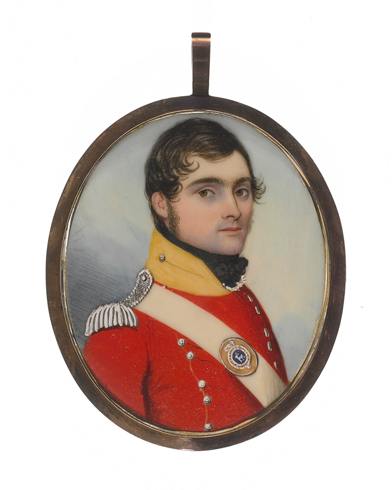 Miniature portrait of an officer of the 6th Regiment of Foot, wearing a shoulder belt plate that features an antelope emblem, c1810