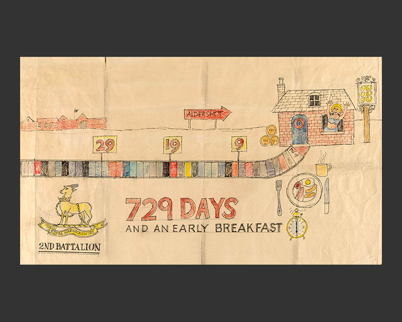National Service demob countdown calendar created by a soldier of 2nd Battalion, The Royal Warwickshire Regiment, c1948