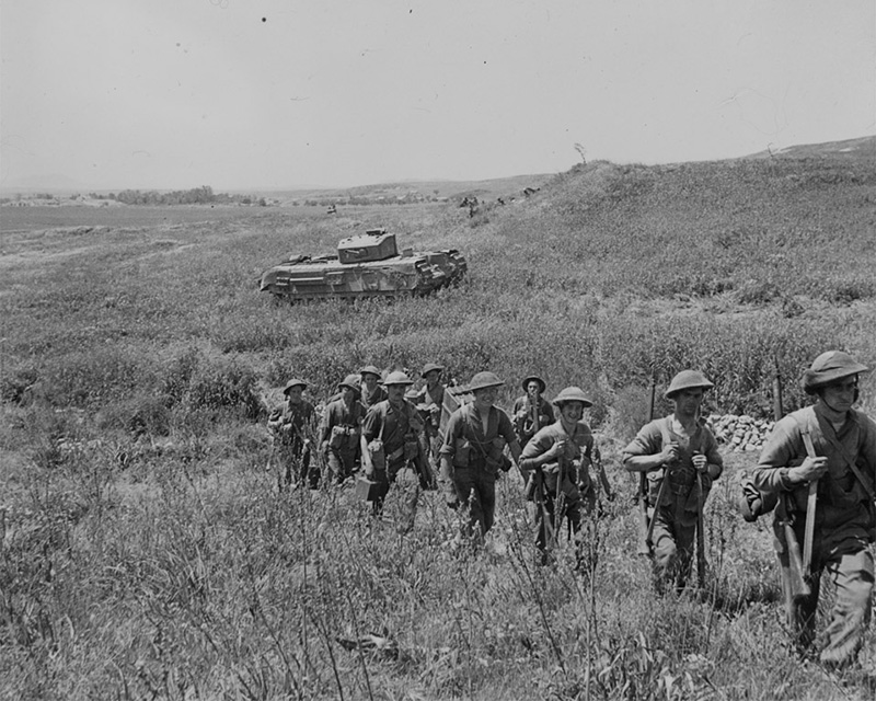 Churchill tanks of the North Irish Horse supporting the attack on Longstop Hill, 1943