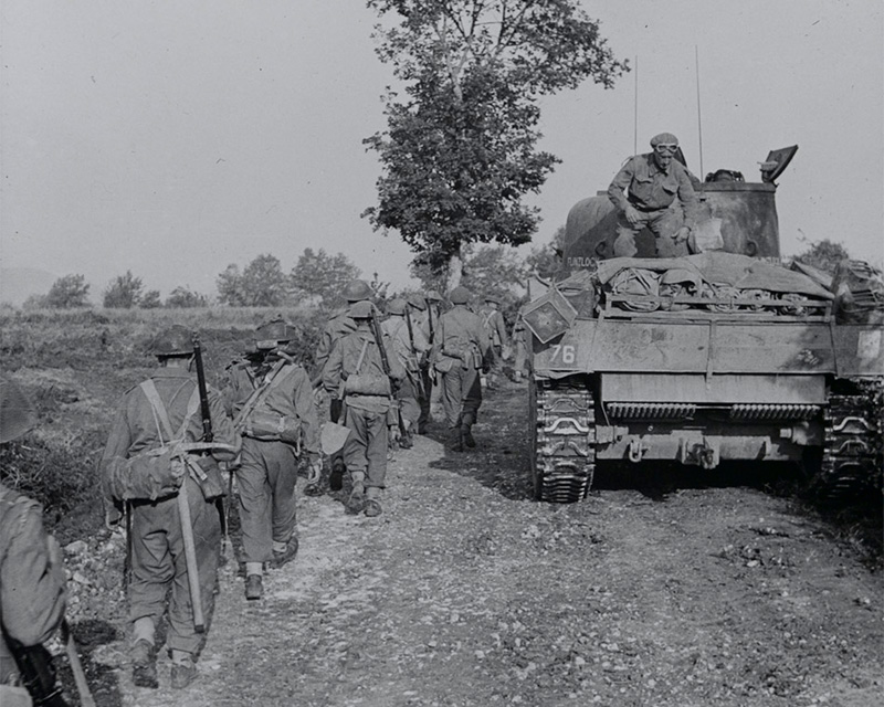 Infantry and tanks moving up to the Hitler Line, Italy, May 1944