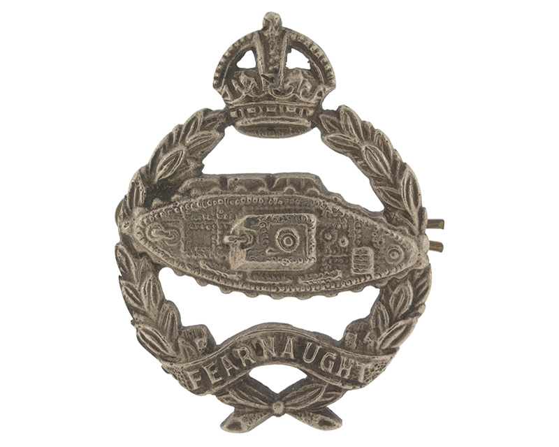 Cap badge of the Royal Tank Regiment, featuring a First World War tank, c1940