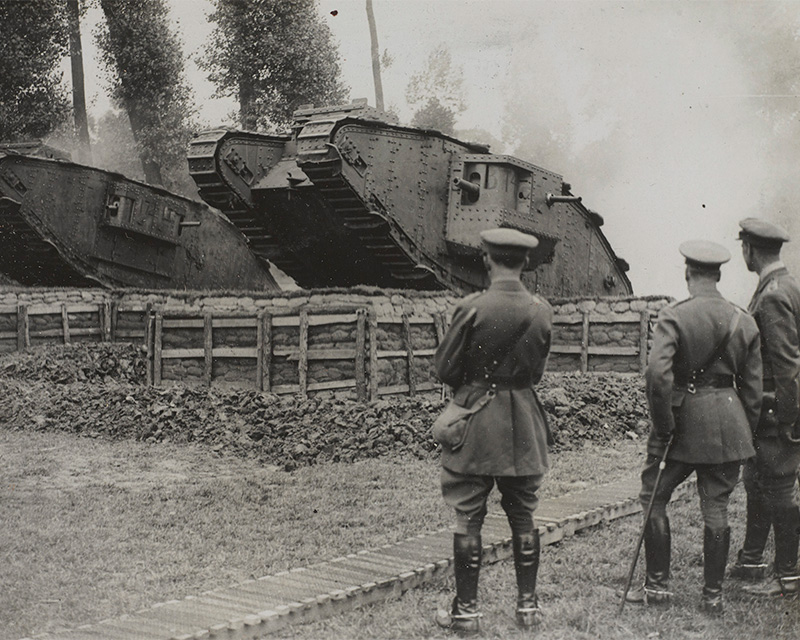 King George V watching a tank display at Neuve Eglise, accompanied by Brigadier-General Hugh Elles, 1917