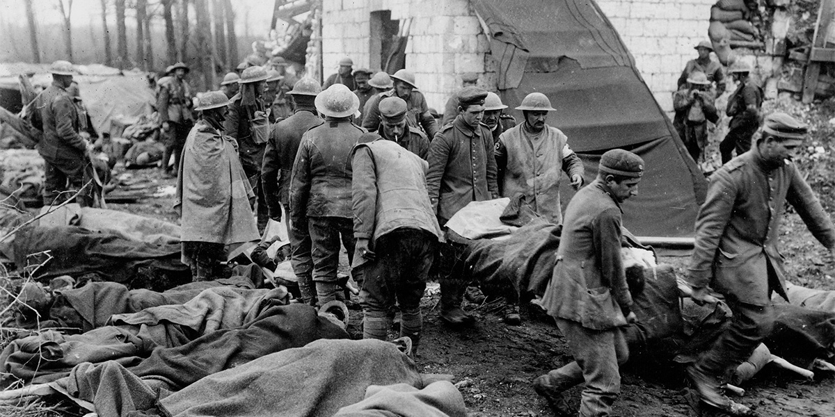 Outside an advanced dressing station at Tilloy-les-Mofflaines, Western Front, April 1917