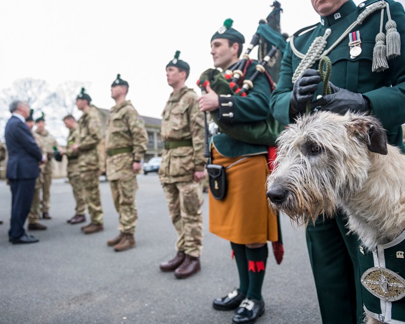 The Royal Irish are presented shamrocks by Defence Secretary Sir Michael Fallon, Infantry Battle School, Brecon, 2017