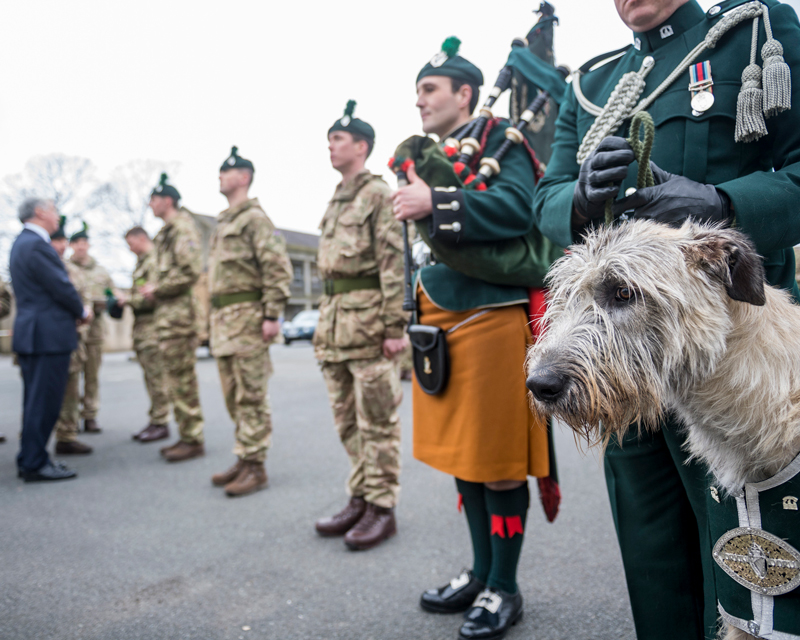 The Royal Irish are presented shamrocks by Defence Secretary Sir Michael Fallon, Infantry Battle School, Brecon, 2017