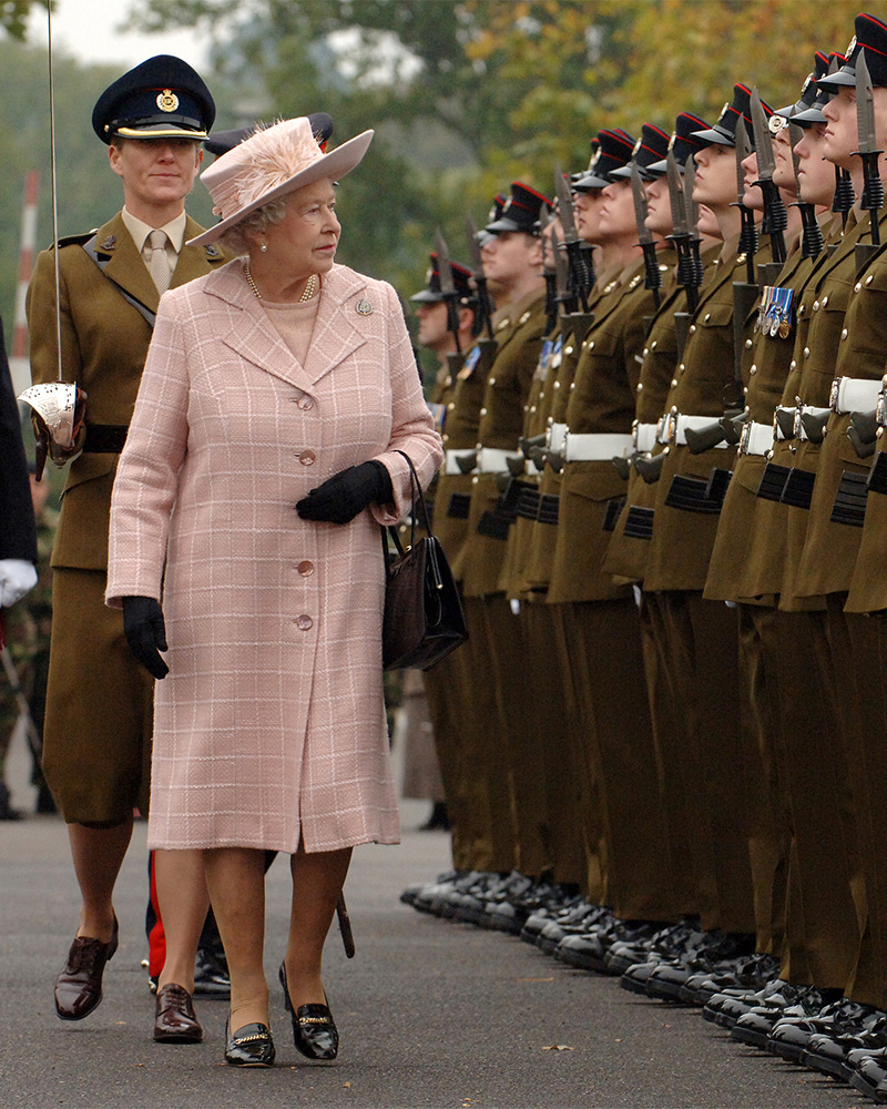 Queen Elizabeth II, Colonel-in-Chief of the Royal Engineers, inspects soldiers at Brompton Barracks, Chatham, 2007
